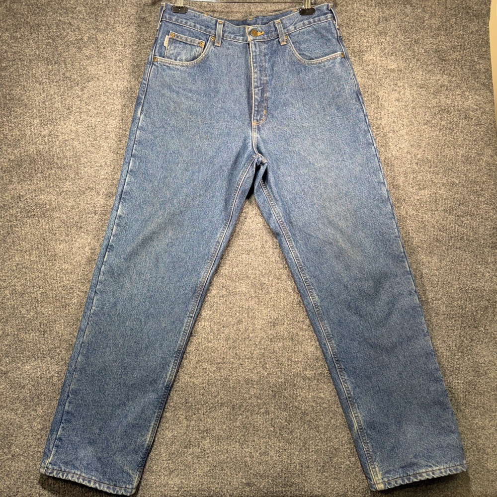 Carhartt Flannel Lined Straight Leg Jeans Mens 34x32 Wash Blue Workwear Denim
